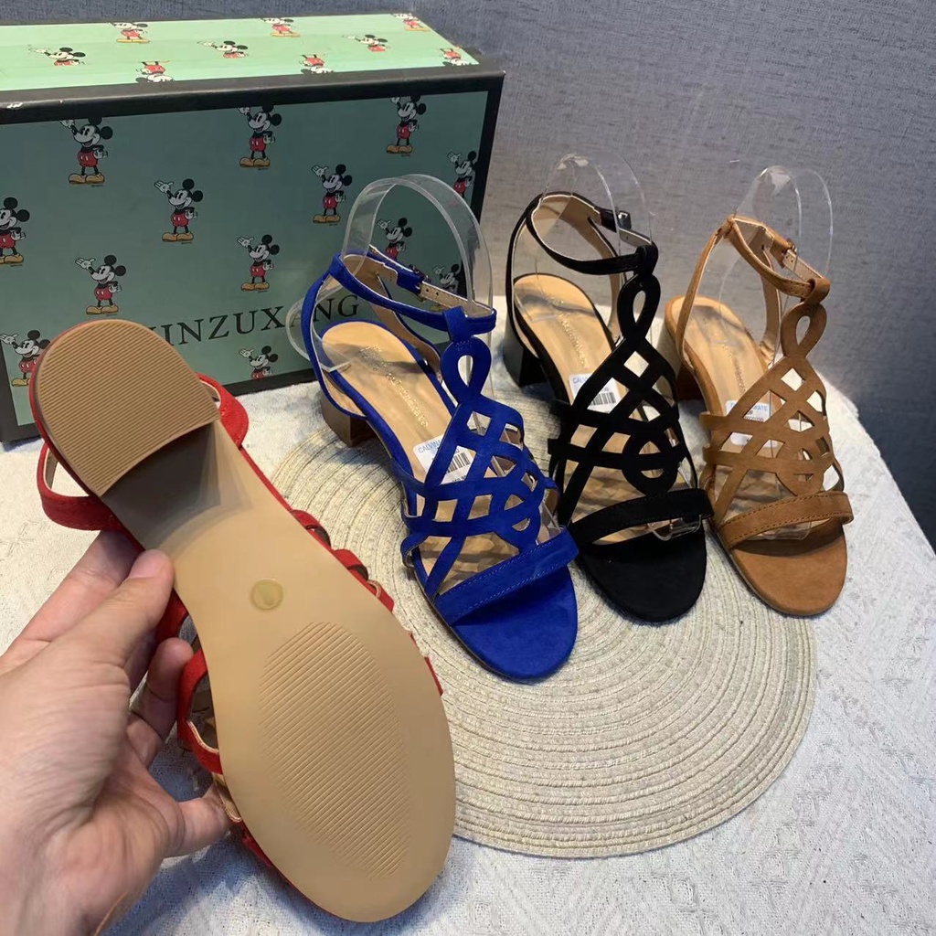Giày Sandal Gót Dày Hở Ngón Mũi Vuông Phong Cách Phương Tây