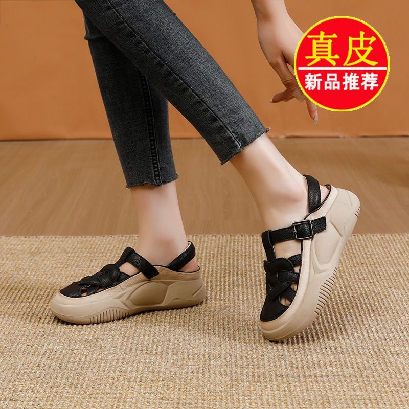 Giày Sandal Đế Xuồng Dày Bằng Da Thật Thời Trang Mùa Hè 2023 Phong Cách Retro Dễ Phối Đồ Dành Cho Bạn Nữ