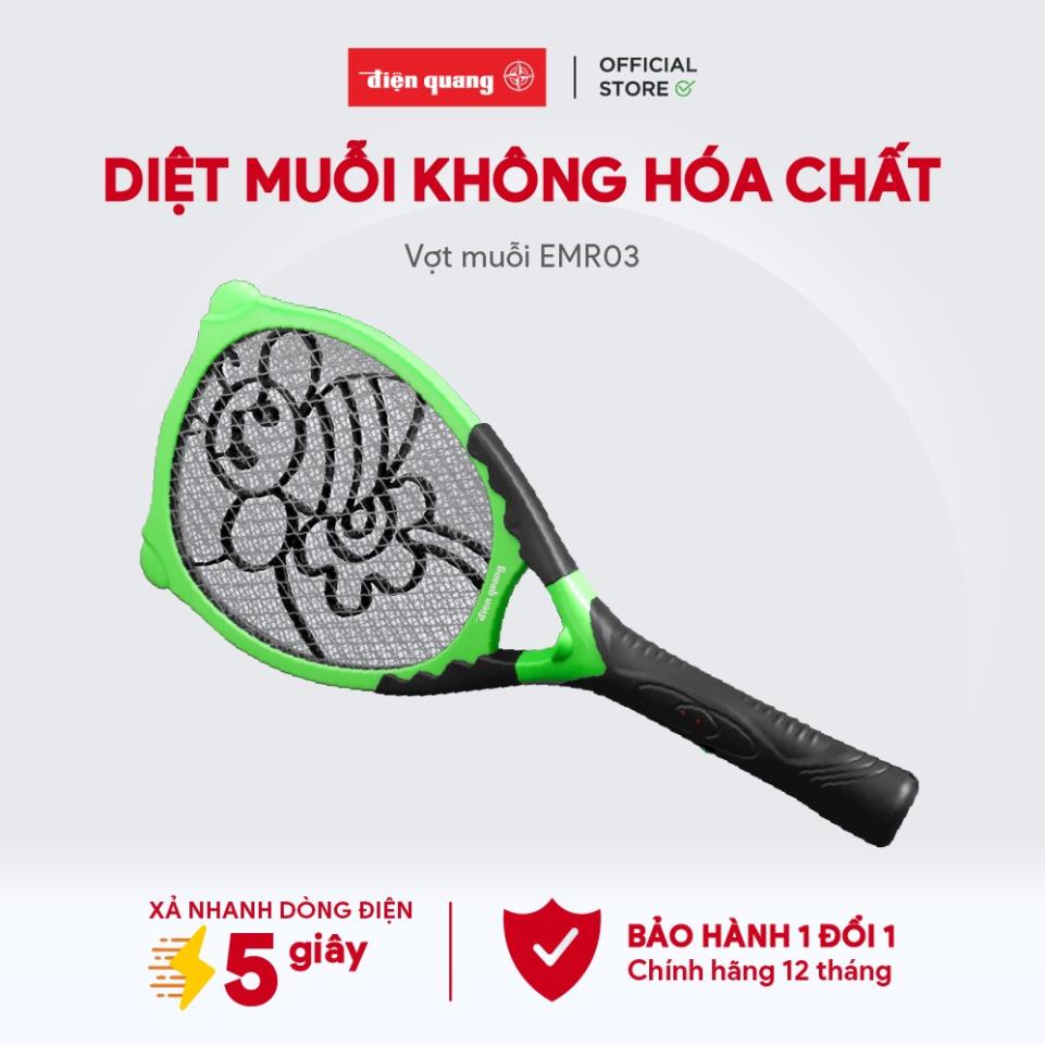 Vợt muỗi Điện Quang ĐQ EMR03 BLG (đen - xanh lá) - Xả nhanh dòng điện 5s, chống giật. Lưới vợt chống gỉ - BH 12 tháng
