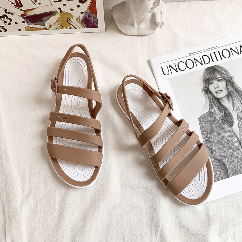 Giày Xăng Đan Nhựa Đế Bằng Hở Mũi Đục Lỗ Thời Trang Đi Biển 2022 Cho Nữ