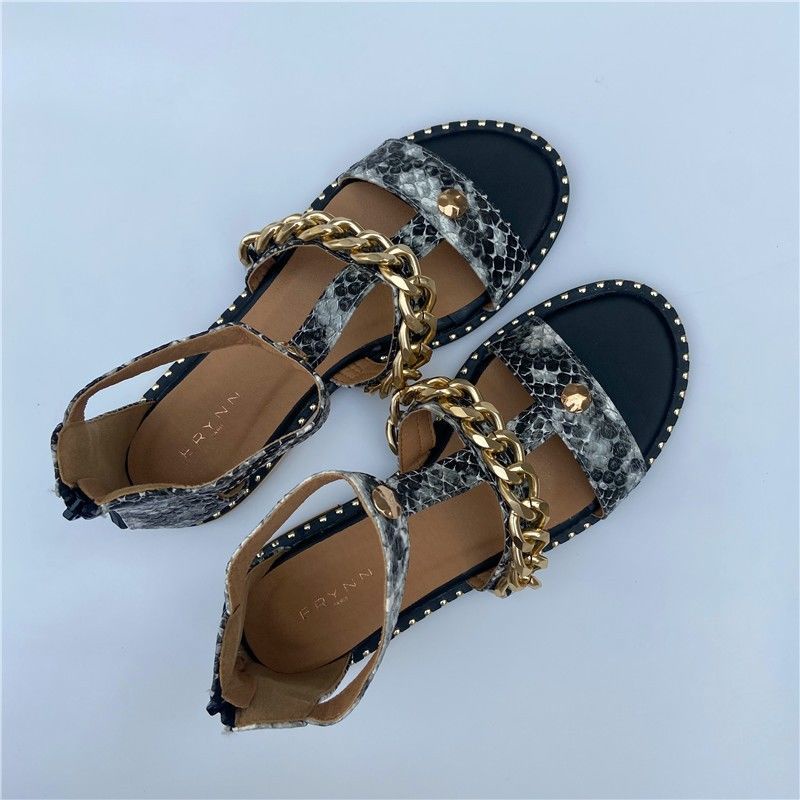 Giày Sandal Hở Ngón Đế Bằng Phối Dây Xích Họa Tiết Da Rắn Plus Size Thời Trang Mùa Hè Cho Nữ