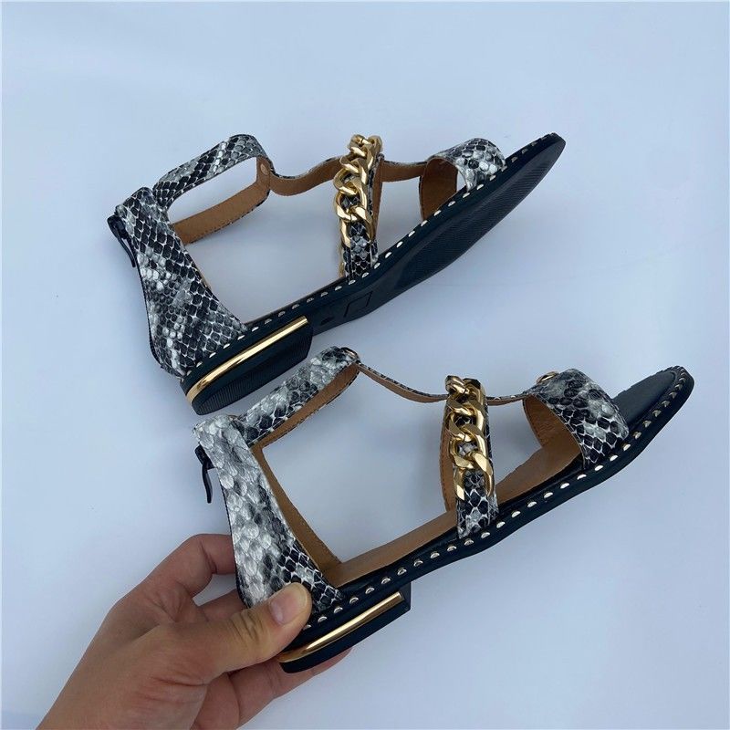 Giày Sandal Hở Ngón Đế Bằng Phối Dây Xích Họa Tiết Da Rắn Plus Size Thời Trang Mùa Hè Cho Nữ