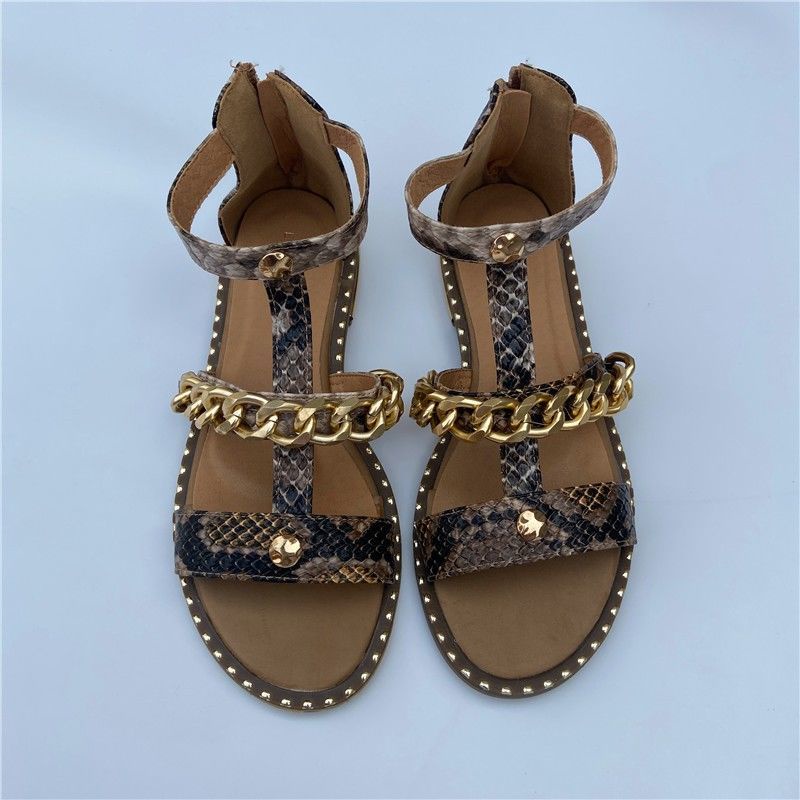 Giày Sandal Hở Ngón Đế Bằng Phối Dây Xích Họa Tiết Da Rắn Plus Size Thời Trang Mùa Hè Cho Nữ