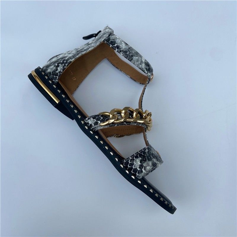 Giày Sandal Hở Ngón Đế Bằng Phối Dây Xích Họa Tiết Da Rắn Plus Size Thời Trang Mùa Hè Cho Nữ