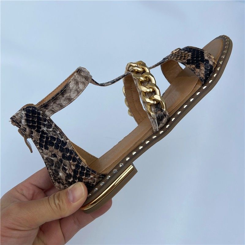 Giày Sandal Hở Ngón Đế Bằng Phối Dây Xích Họa Tiết Da Rắn Plus Size Thời Trang Mùa Hè Cho Nữ
