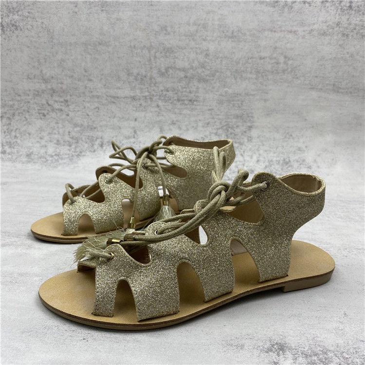 Giày Sandal Hở Ngón Đế Bằng Quai Chéo Đính Kim Sa Phối Tua Rua Thời Trang Cho Nữ