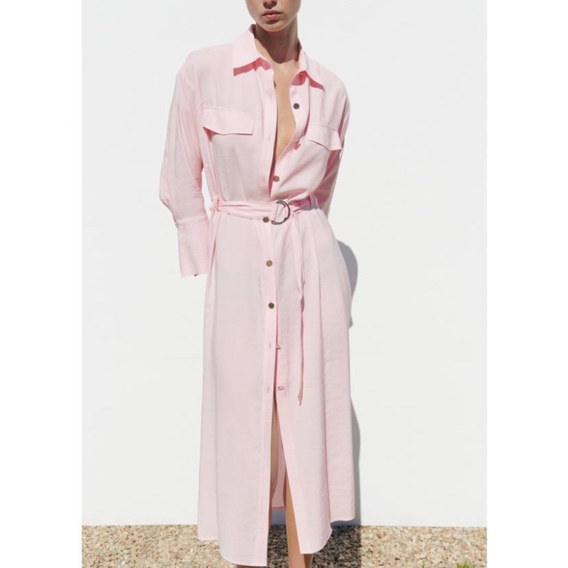 Zara Morocco full tag - Đầm Sơ Mi ZARA Phối Thắt Lưng hồng nhẹ nhàng mát xinh Kas58