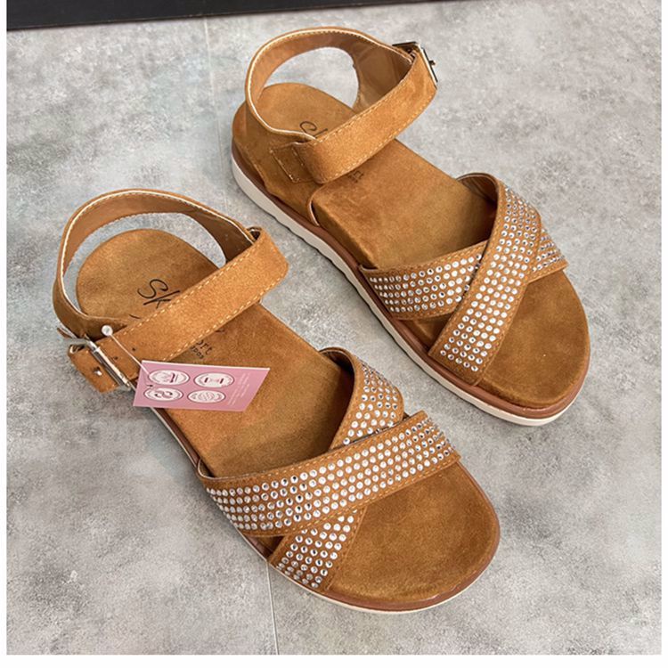 Giày Sandal Hở Ngón Đế Mềm Dây Chéo Đính Kim Cương Lấp Lánh Dễ Phối Đồ Có Size Lớn Cho Nữ
