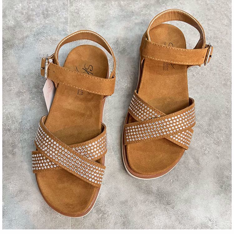 Giày Sandal Hở Ngón Đế Mềm Dây Chéo Đính Kim Cương Lấp Lánh Dễ Phối Đồ Có Size Lớn Cho Nữ