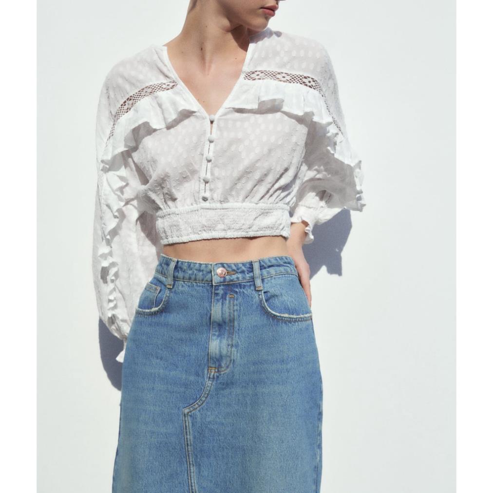 Zara Morocco full tag - Áo Zara trắng bèo hoa đột cạp bo croptop cực xinh YOKas45