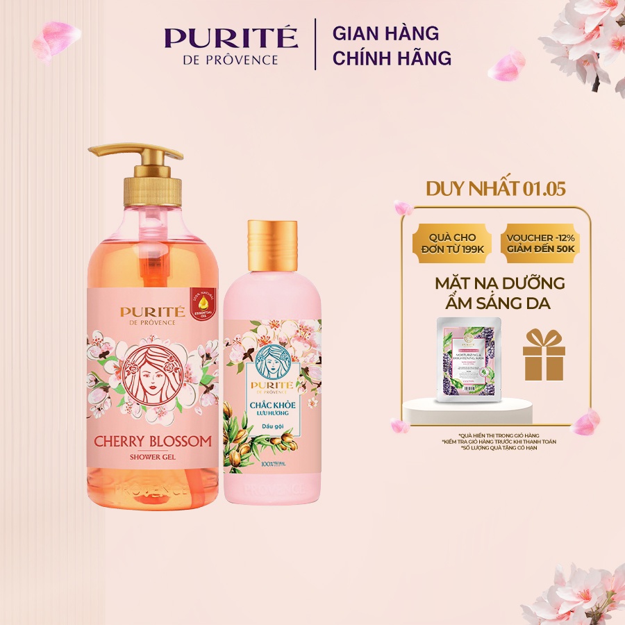 Combo Sữa Tắm Purité Sáng Mịn Hoa Anh Đào 850ML + Dầu Gội Purité Chắc Khỏe Lưu Hương Hoa Anh Đào & Argan 180ML