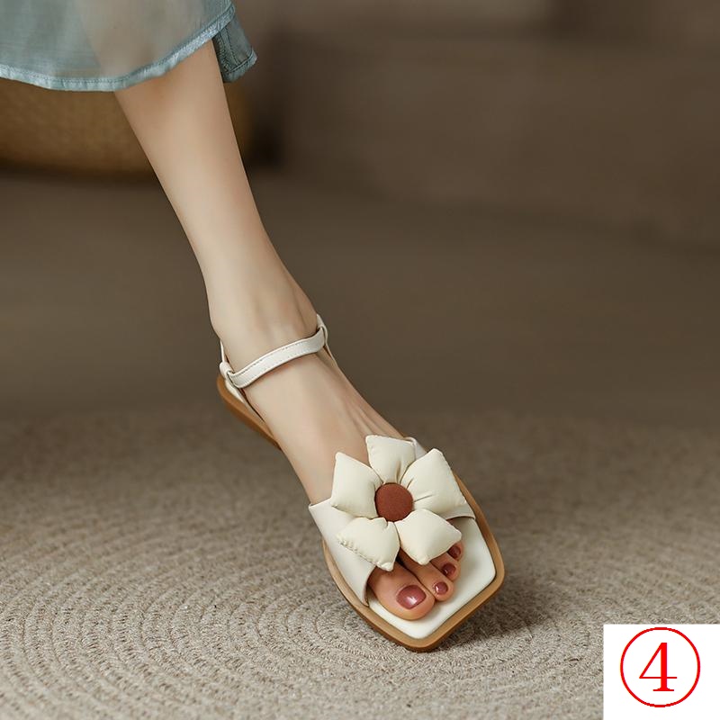 Giày Sandal Đế Thấp Hở Ngón Quai Da Thật Đính Hoa Thời Trang Mùa Hè 2023 Cho Nữ