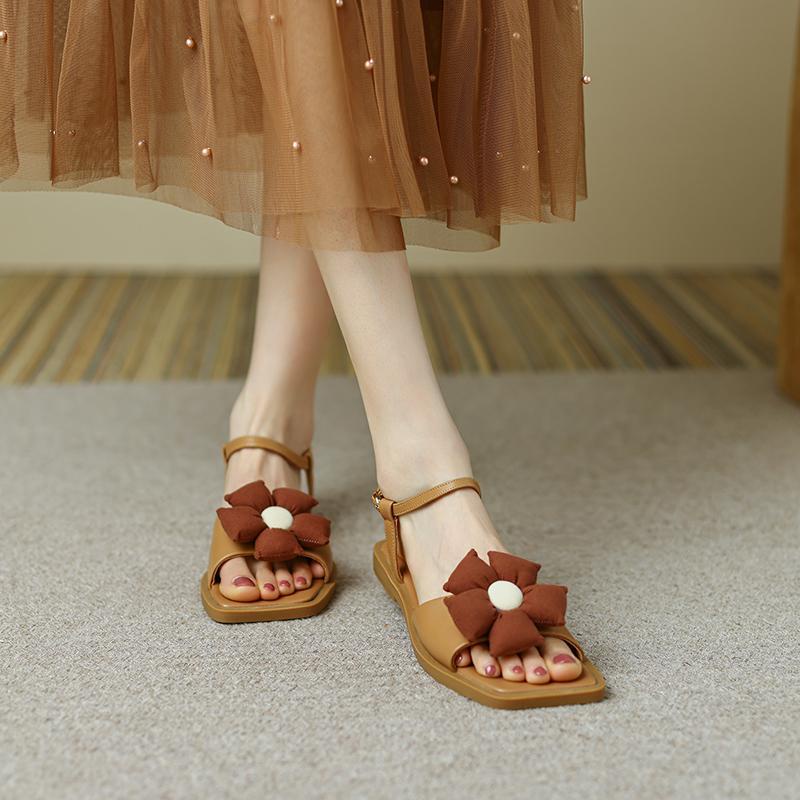 Giày Sandal Đế Thấp Hở Ngón Quai Da Thật Đính Hoa Thời Trang Mùa Hè 2023 Cho Nữ