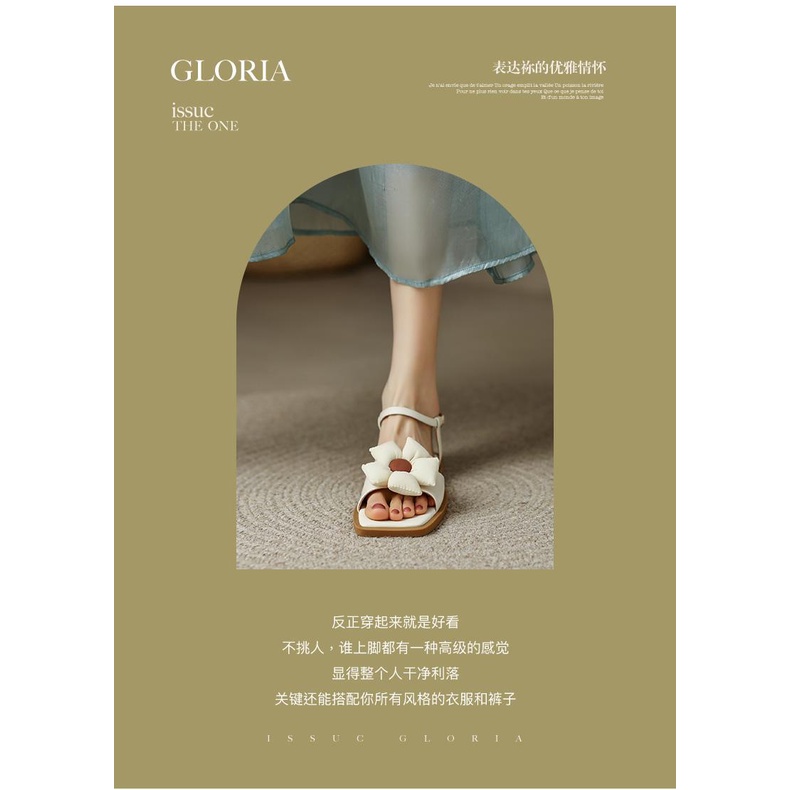 Giày Sandal Đế Thấp Hở Ngón Quai Da Thật Đính Hoa Thời Trang Mùa Hè 2023 Cho Nữ