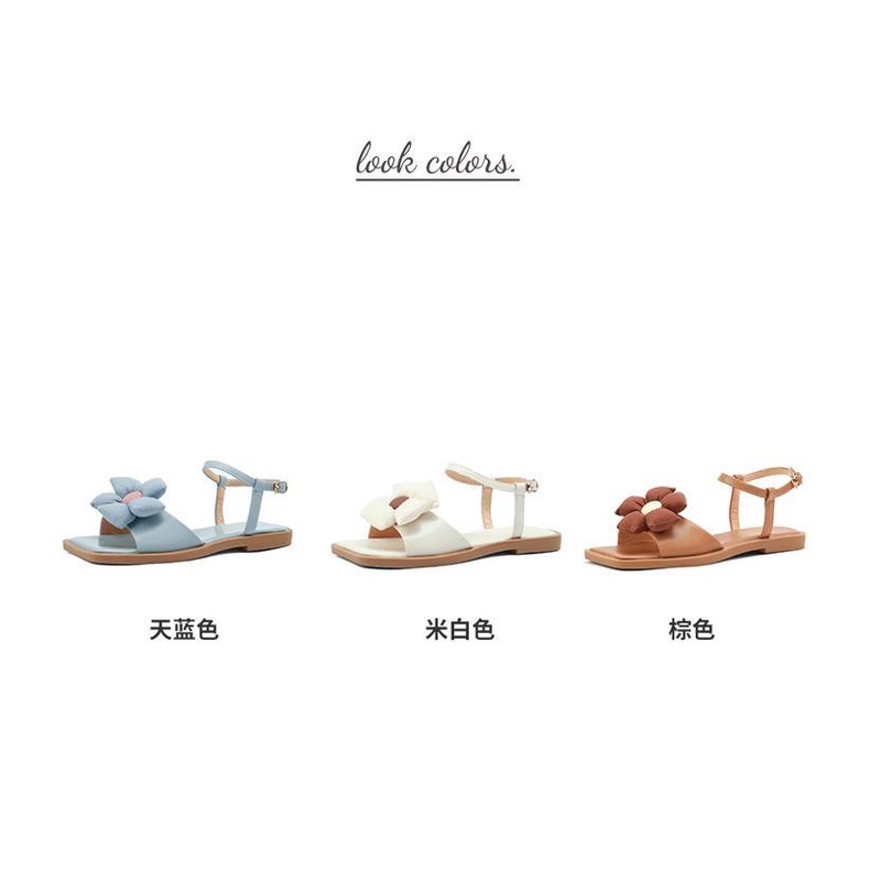 Giày Sandal Đế Thấp Hở Ngón Quai Da Thật Đính Hoa Thời Trang Mùa Hè 2023 Cho Nữ