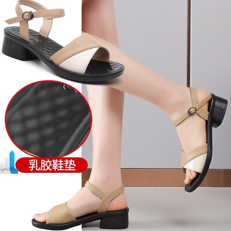 Giày Sandal Da Thật Đế Mềm Dày Dặn Thoáng Khí Phối Màu Thời Trang Mùa Hè Cho Nữ