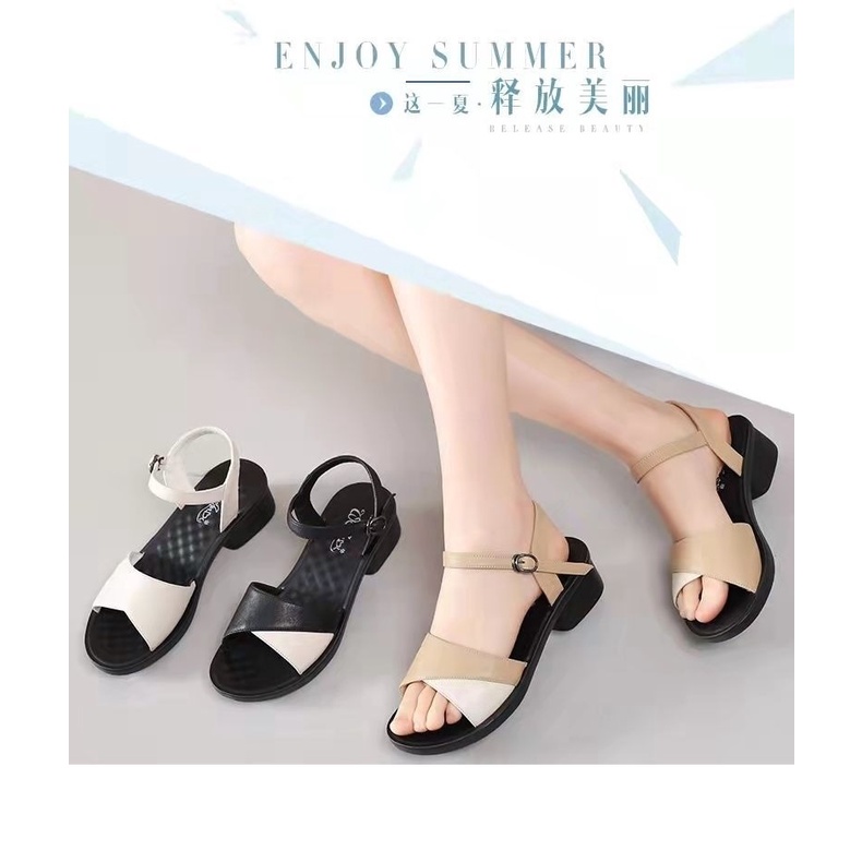Giày Sandal Da Thật Đế Mềm Dày Dặn Thoáng Khí Phối Màu Thời Trang Mùa Hè Cho Nữ