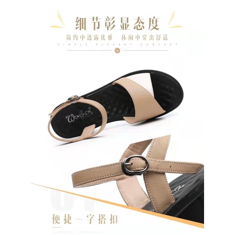 Giày Sandal Da Thật Đế Mềm Dày Dặn Thoáng Khí Phối Màu Thời Trang Mùa Hè Cho Nữ