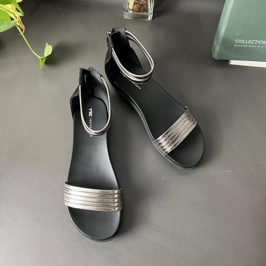 Giày Sandal Cao Su Đế Bằng Chống Trượt Có Khóa Kéo Sau Lưng