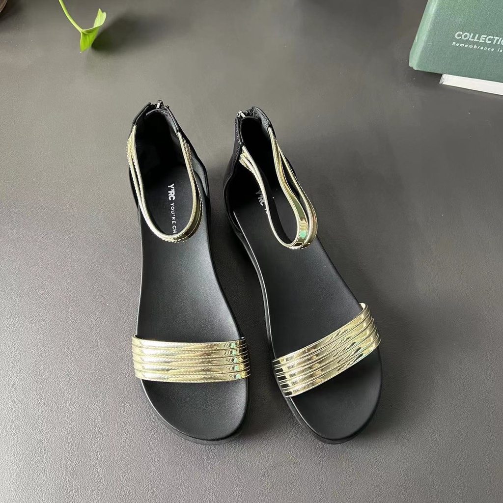 Giày Sandal Cao Su Đế Bằng Chống Trượt Có Khóa Kéo Sau Lưng