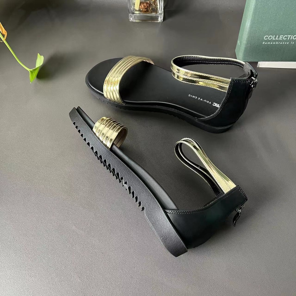 Giày Sandal Cao Su Đế Bằng Chống Trượt Có Khóa Kéo Sau Lưng