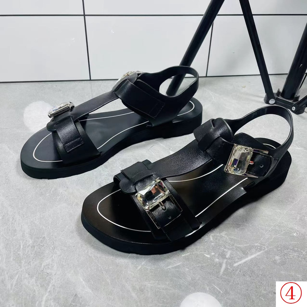 Giày Xăng Đan Da Đế Bằng Hở Ngón Quai Đính Đá Thời Trang Mùa Hè 2023 Cho Nữ