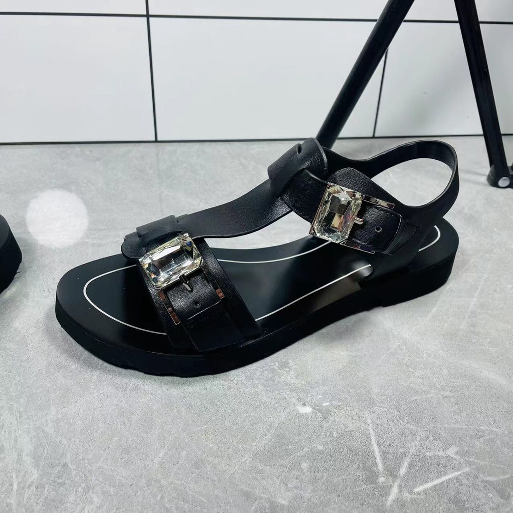 Giày Xăng Đan Da Đế Bằng Hở Ngón Quai Đính Đá Thời Trang Mùa Hè 2023 Cho Nữ