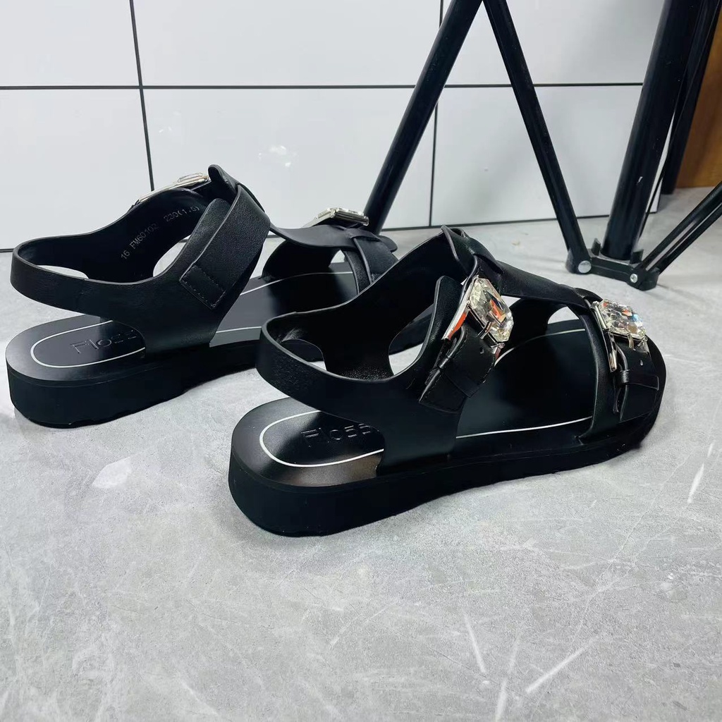 Giày Xăng Đan Da Đế Bằng Hở Ngón Quai Đính Đá Thời Trang Mùa Hè 2023 Cho Nữ