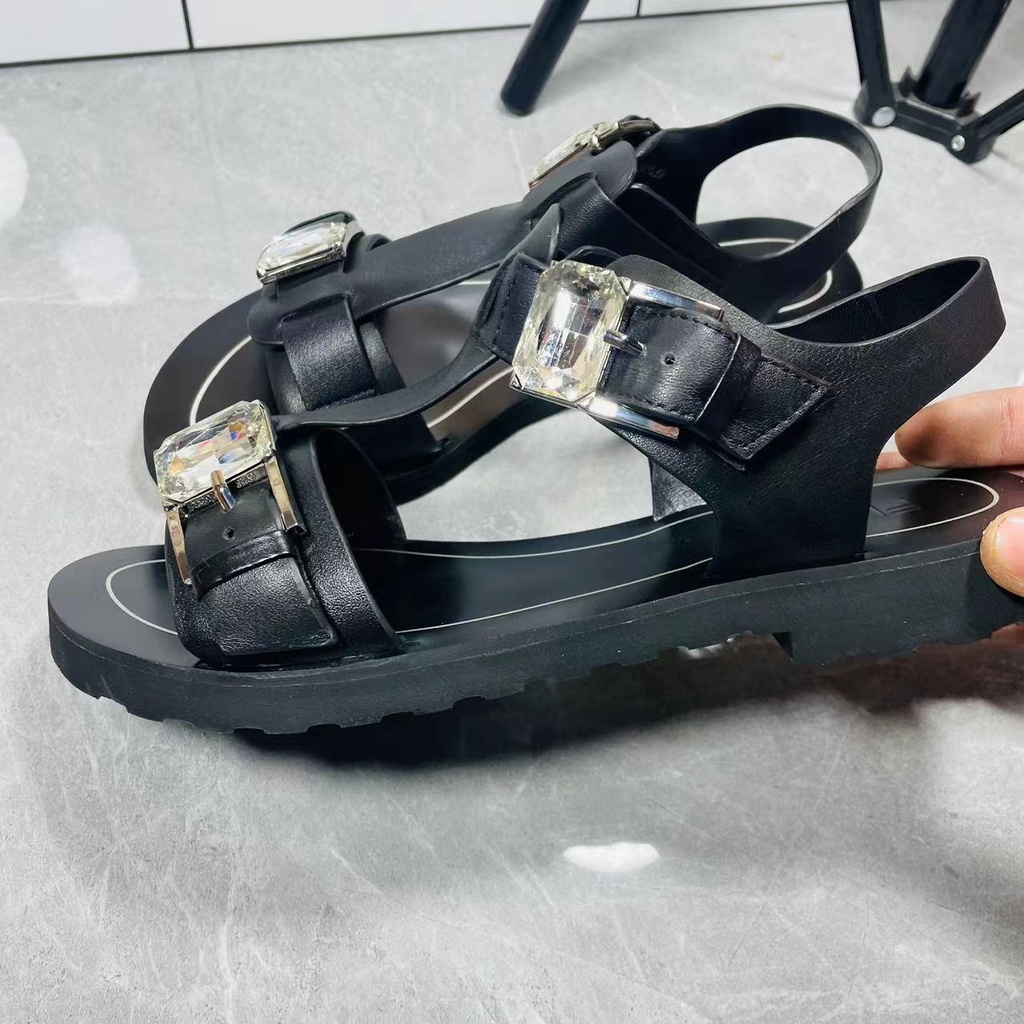 Giày Xăng Đan Da Đế Bằng Hở Ngón Quai Đính Đá Thời Trang Mùa Hè 2023 Cho Nữ