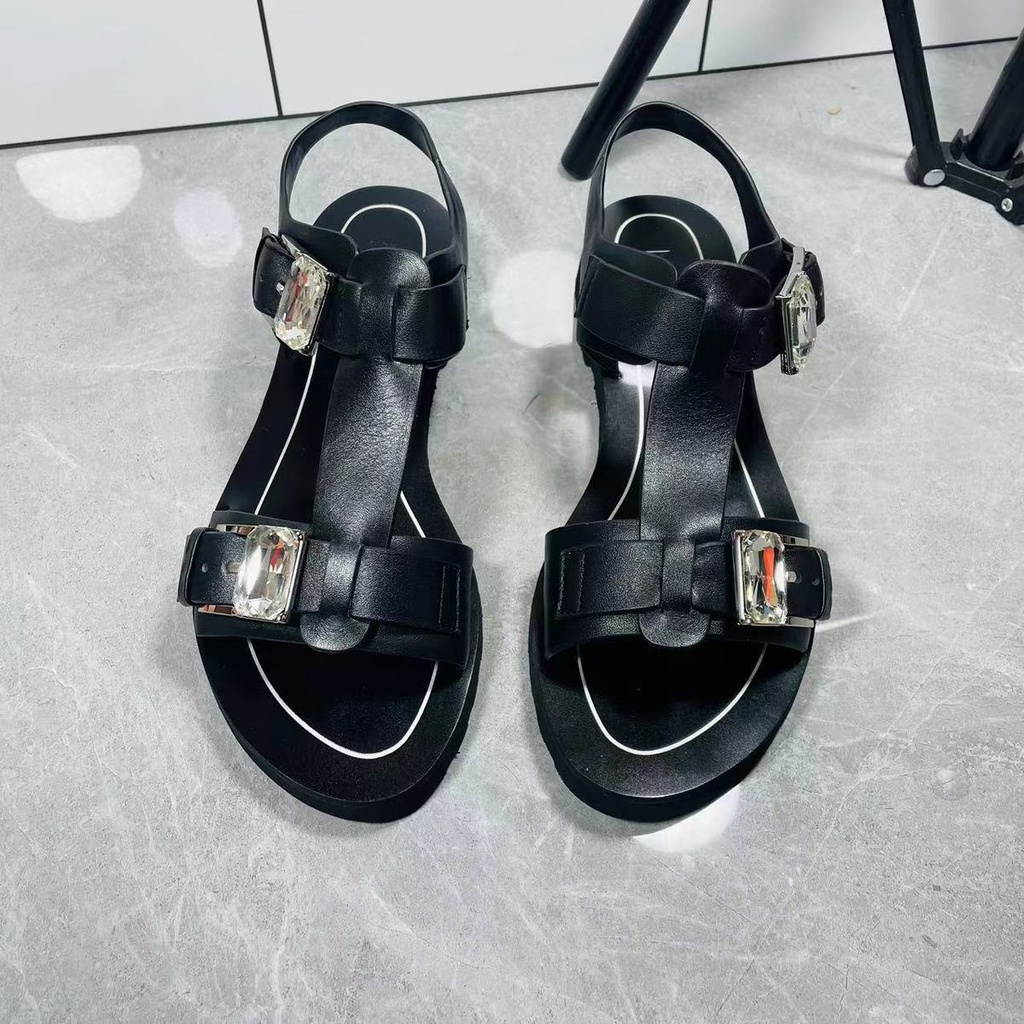 Giày Xăng Đan Da Đế Bằng Hở Ngón Quai Đính Đá Thời Trang Mùa Hè 2023 Cho Nữ