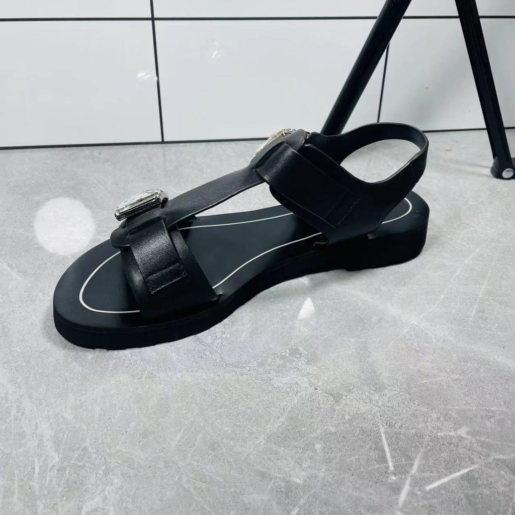 Giày Xăng Đan Da Đế Bằng Hở Ngón Quai Đính Đá Thời Trang Mùa Hè 2023 Cho Nữ