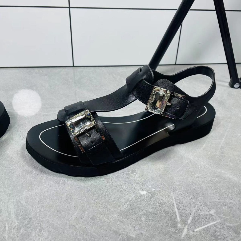 Giày Xăng Đan Da Đế Bằng Hở Ngón Quai Đính Đá Thời Trang Mùa Hè 2023 Cho Nữ