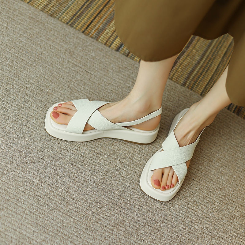 Giày Sandal Đế Dày Hở Ngón Quai Da Thật Thời Trang Mùa Hè 2022 Cho Nữ