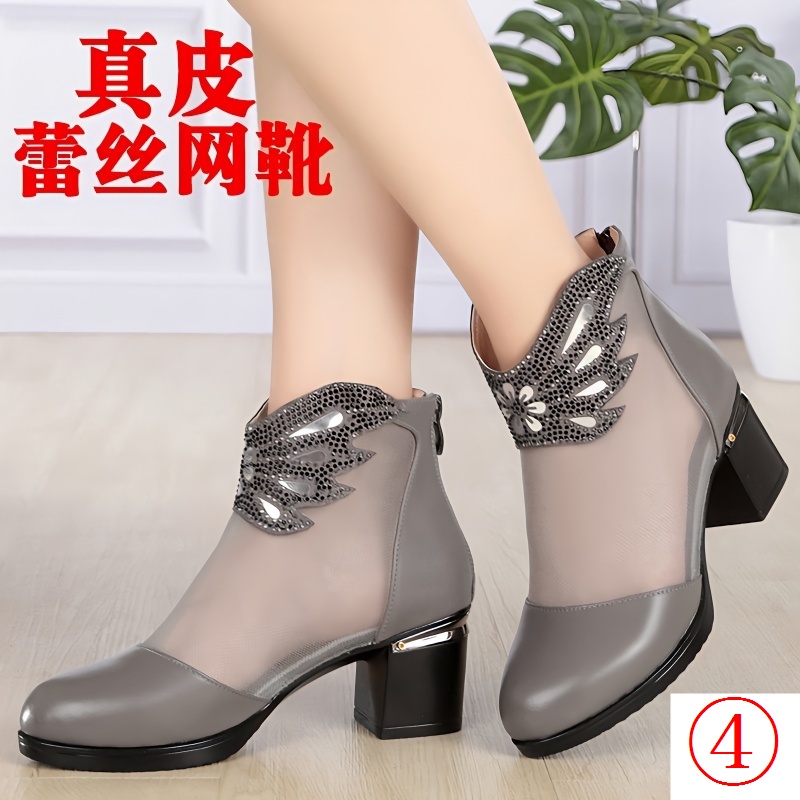 Giày Sandal Cao Gót Bằng Da Thật Phối Lưới Thời Trang 2023 Cho Nữ