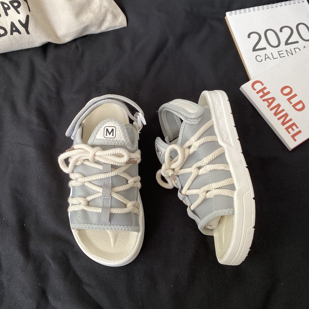 Giày Sandal Cột Dây Đế Bằng Phong Cách Hàn Quốc Thời Trang Mùa Hè 2021