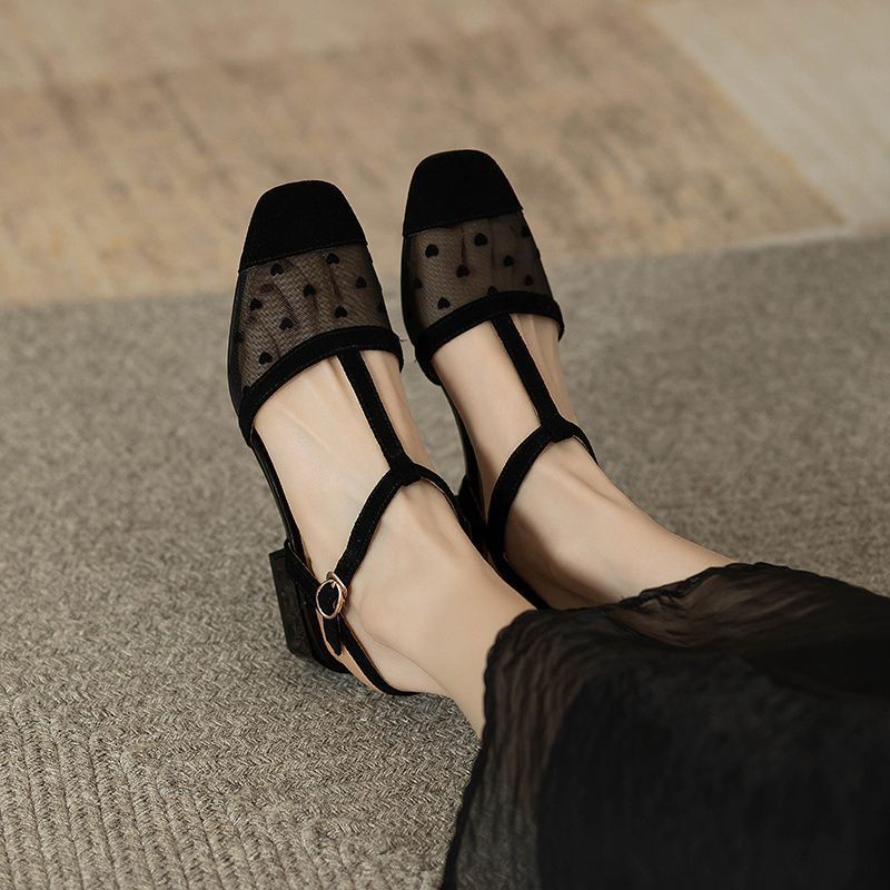 Giày Sandal Gót Thấp Mũi Vuông Phối Lưới Thoáng Khí Thời Trang Mùa Hè 2023