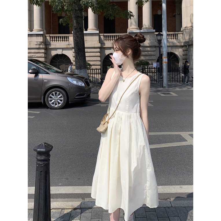 Đầm Trắng Không Tay Dáng Chữ A Ôm Eo Phong Cách Pháp Thời Trang Mùa Hè Cho Nữ