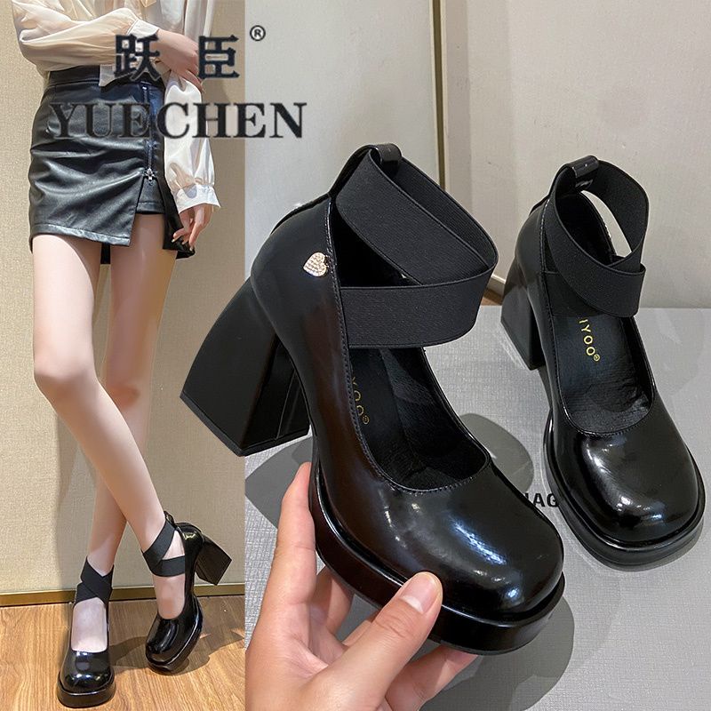 ♙♟△Yuechen Mũi Vuông Mary Jane Pháp Gót Dày Siêu Cao Gót Retro Đại Học Phong Cách Cổ Tích Giày Da 2023 Giày Đơn
