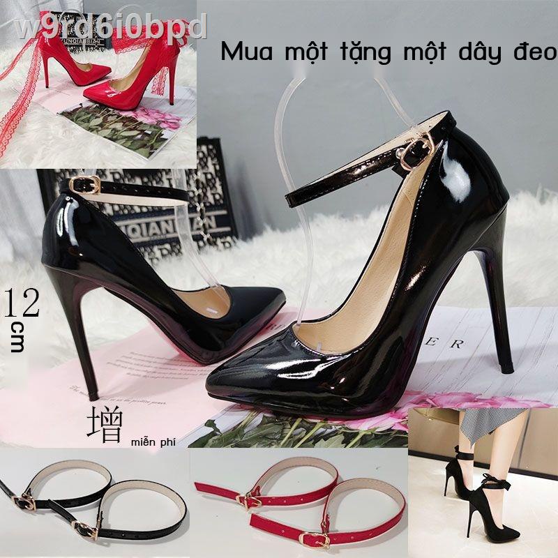 ☾℗✠Size 35-45 Giày cao gót 12cm kiểu Pháp mới màu đen chuyên nghiệp thắt lưng khóa một chữ gợi cảm khôn