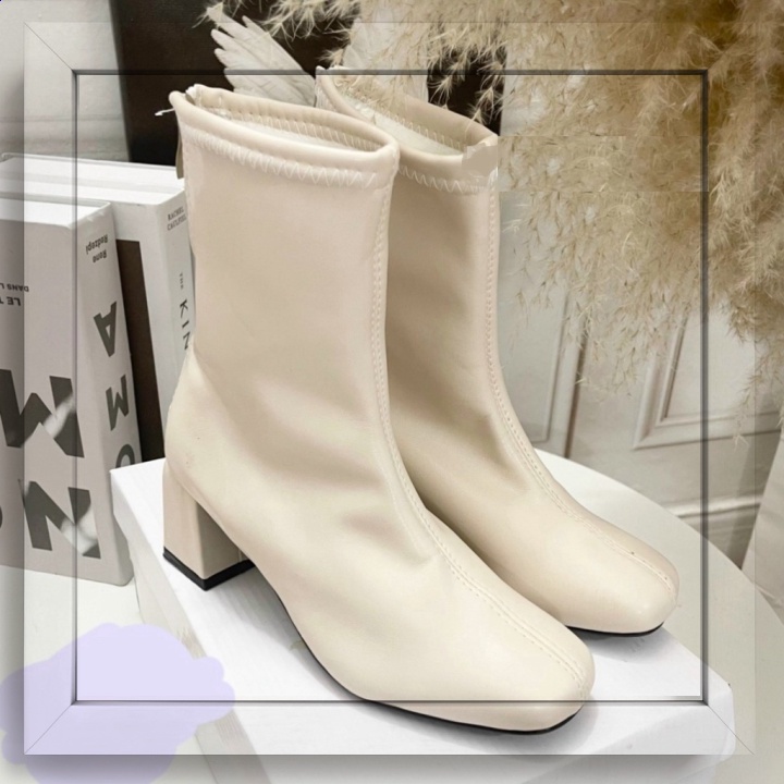 ℳℴ𝓂ℴ 𝒮𝒽ℴ𝓅 ♥ Giày bốt nữ cao cổ LINE BOOT thời trang kéo khóa cao gót mũi vuông da mềm cao cấp đơn giản đi chơi hot đ