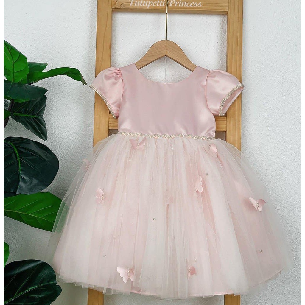 Đầm váy công chúa cho bé gái Tutupetti màu hồng phấn đính nơ hoa đáng yêu