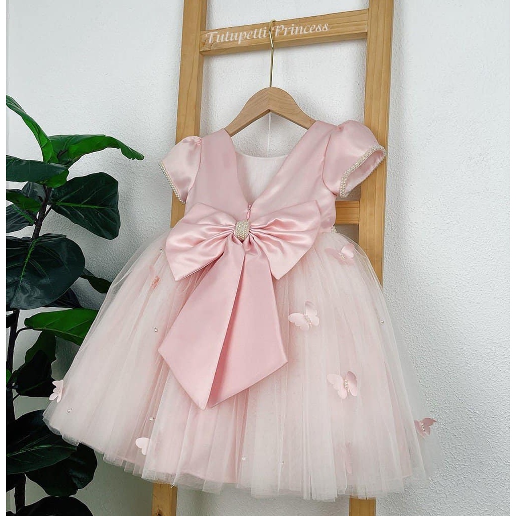 Đầm váy công chúa cho bé gái Tutupetti màu hồng phấn đính nơ hoa đáng yêu