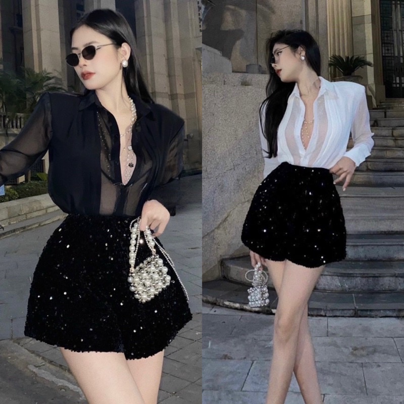 Set Áo Sơ Mi Xếp Ly Phối Quần Short Kim Sa Cho Nàng Đi Tiệc, Doạ Phố Năng Động