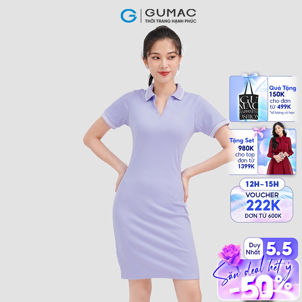 Đầm polo basic cổ V GUMAC vải thun co giản nhiều màu DC09016