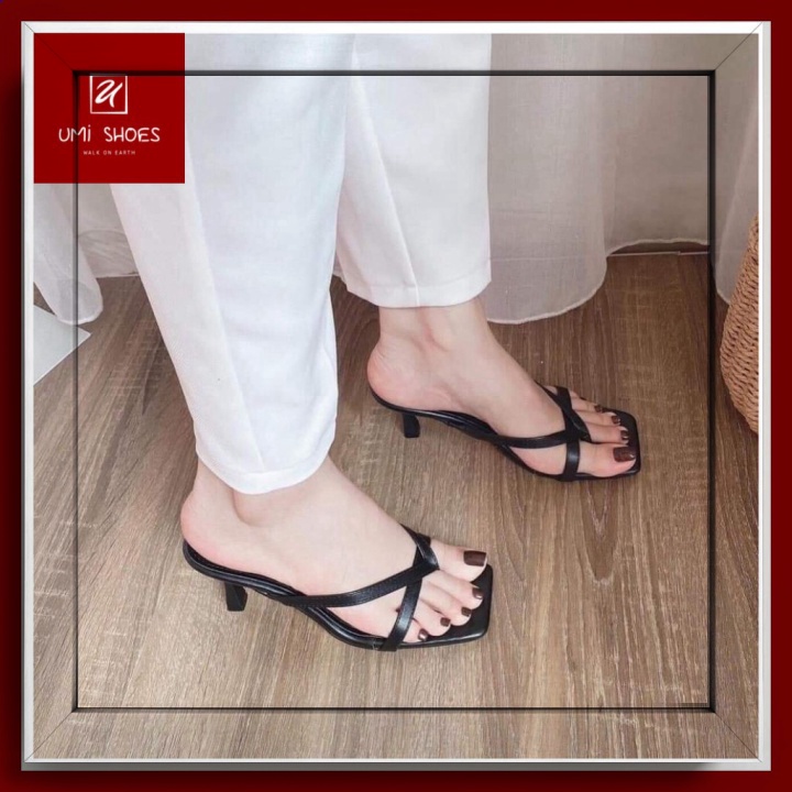 ℳℴ𝓂ℴ 𝒮𝒽ℴ𝓅 ♥ Guốc cao gót 7cm kiểu quai mảnh kẹp xỏ ngón xinh mẫu mới đơn giản mũi vuông gót nhọn màu đen/trắng đẹp