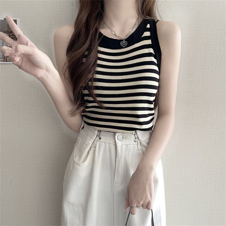 Jiashucheng Influencer Áo Sweater Không Tay Họa Tiết Kẻ Sọc Thời Trang Mùa Hè Quyến Rũ Cho Nữ Niche