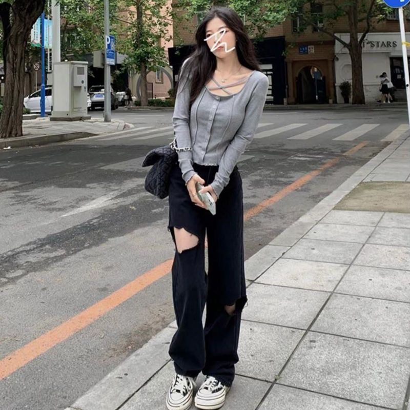 Jiashucheng Quần Jean Dài Lưng Cao Dáng Rộng Thời Trang Xuân Hè Hàn Quốc Cá Tính Cho Nữ