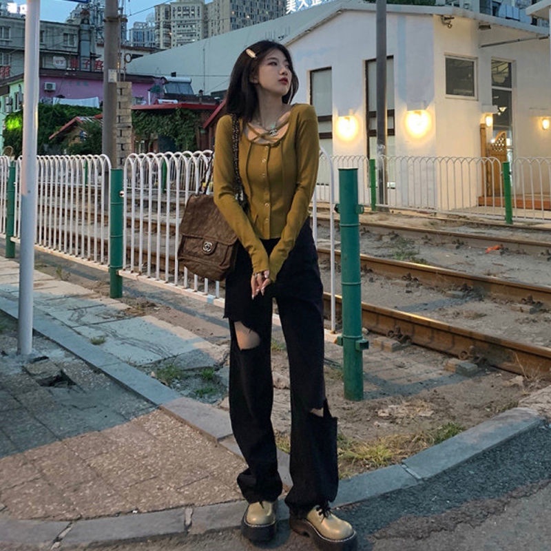 Jiashucheng Quần Jean Dài Lưng Cao Dáng Rộng Thời Trang Xuân Hè Hàn Quốc Cá Tính Cho Nữ