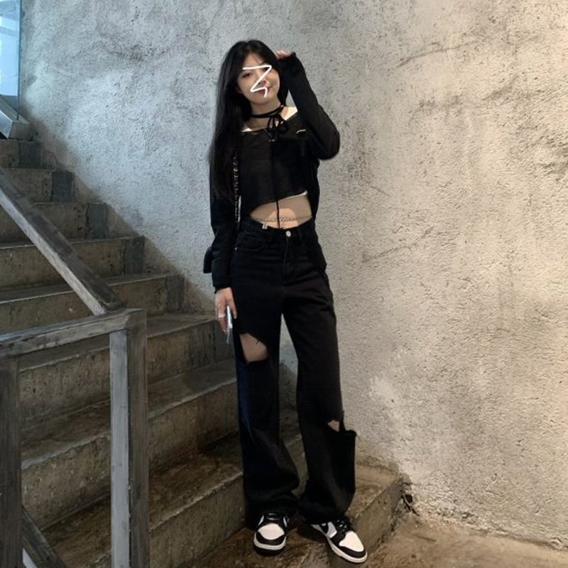 Jiashucheng Quần Jean Dài Lưng Cao Dáng Rộng Thời Trang Xuân Hè Hàn Quốc Cá Tính Cho Nữ