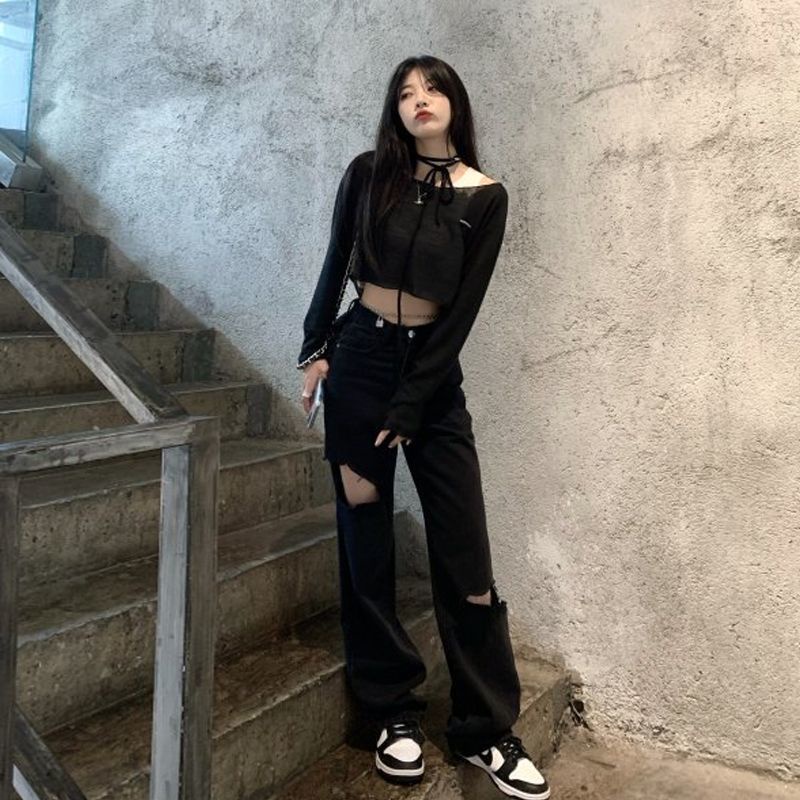 Jiashucheng Quần Jean Dài Lưng Cao Dáng Rộng Thời Trang Xuân Hè Hàn Quốc Cá Tính Cho Nữ